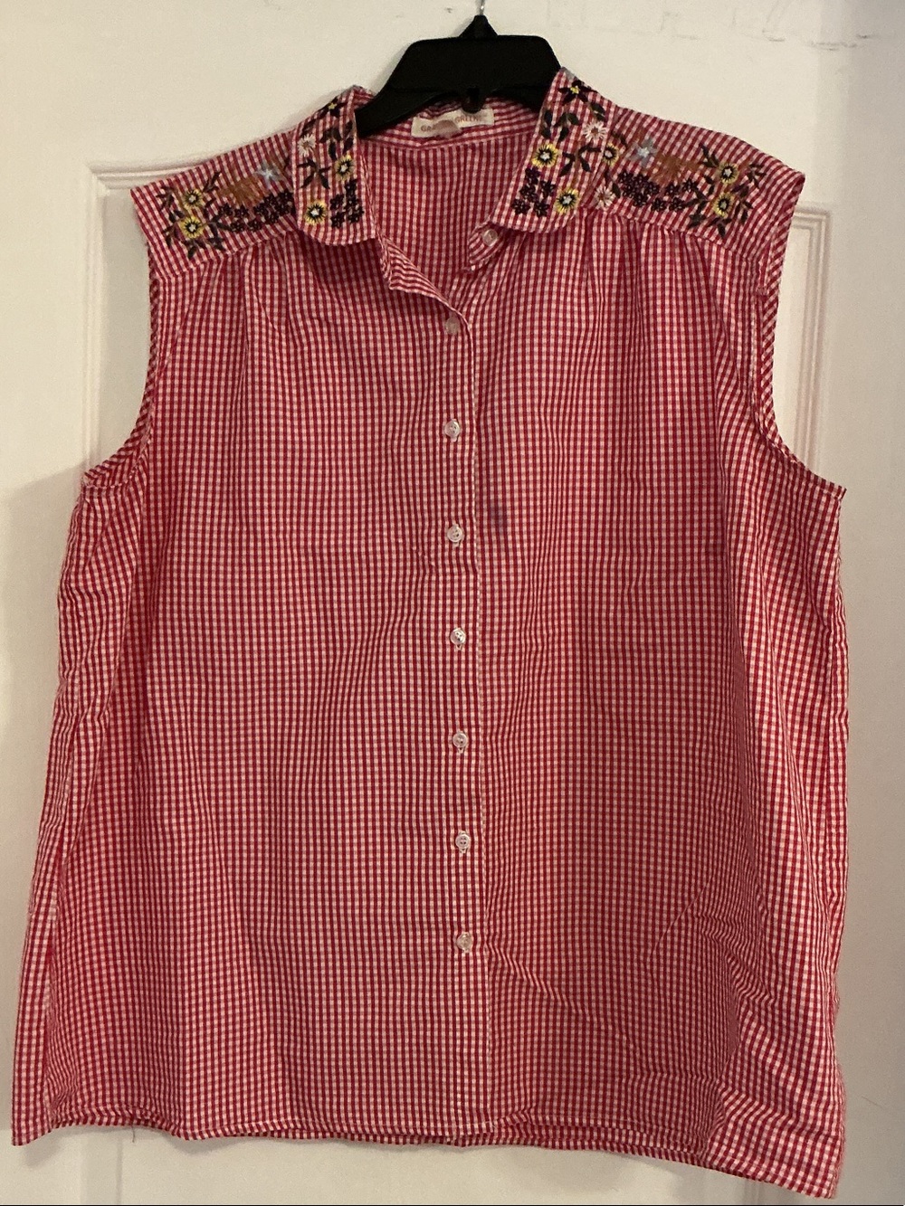 grand & greene Red Gingham Sleeveless Button-Down Top with Embroidered Collar